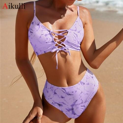 High Waist Bikinis Swimsuits Women Lace-up Swimwear 2021 Summer New Sexy Tie Dye Bikini Set Push Up Swimming Beach Bathing Suit