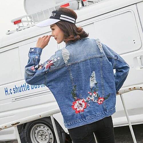 316 Spring Autumn Embroidery Jacket Women Ripped Hole Streetwear Loose Korean Button Pockets Vintage Denim Coat Female For Daily
