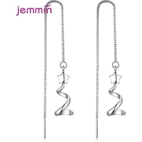 Temperament Women Girls 925 Sterling Silver Long Line Pendant Drop Dangle Earrings Simple Geometric Star Wave Tassel Ear Jewelry