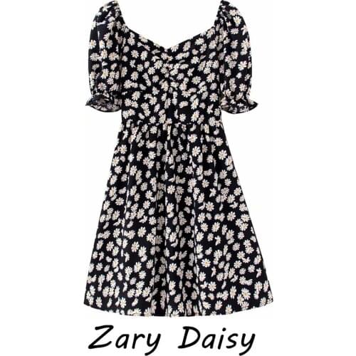 Zary Daisys new product, retro daisy print, pleated waist, thin and fresh, all-match A-shaped puff sleeve dress for women