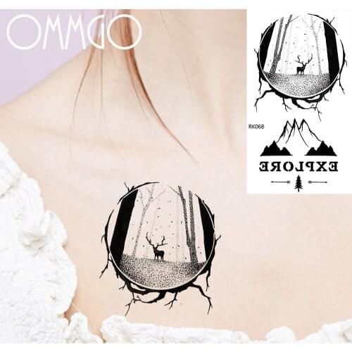 OMMGO Geometric Elk Deer Pine Tree Forest Temporary Tattoos Sticker Black Mountain Peak Fake Tatoos Black Custom Tatoto Body Art