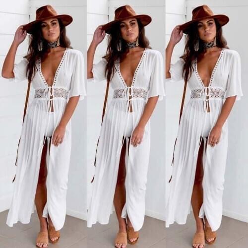3XL Plus Size Beach Long Maxi Dress Women Bikini Cover Up Tunic Pareo White V Neck Dress Robe Swimwear Bathing Suit Beachwear