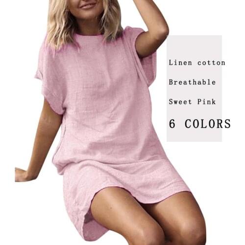 Solid Color Cotton and Linen O Neck Dresses for women Ladies Casual Loose Short Sleeve Breathable Summer Dress vestidos de veran