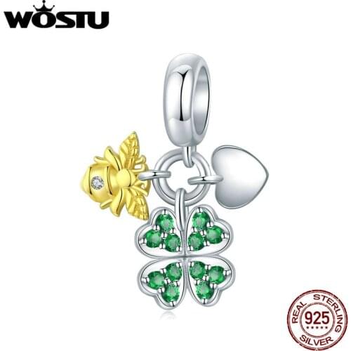 WOSTU Authentic 925 Sterling Silver Lucky Clover with Bee Pendant Charm fit Original Beads Bracelet Necklace DIY Jewelry CTC303