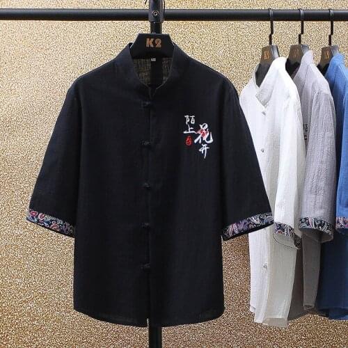 New Embroidery Mens Loose Shirts Cotton Linen Chinese Style Man 2021 Buckle Breathable Shirt Summer Male Clothing Large Size 5XL