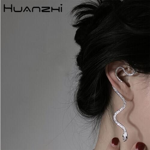 HUANZHI Design Punk Snake Shape Hip Hop Crystal Gold Silver Color Metal Plated Stud Cuff Earrings for Women Girls Jewelry