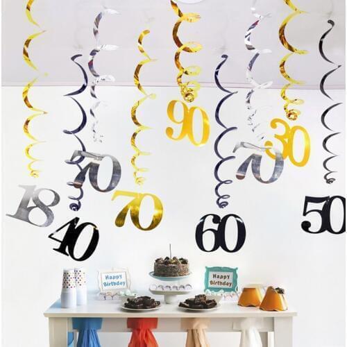 6pcs/pack Numeral spiral 18 21 30 40 50 60 70 80 90 Years Old Birthday Spiral Hanging Ornaments Black Gold Silver birthday Decor