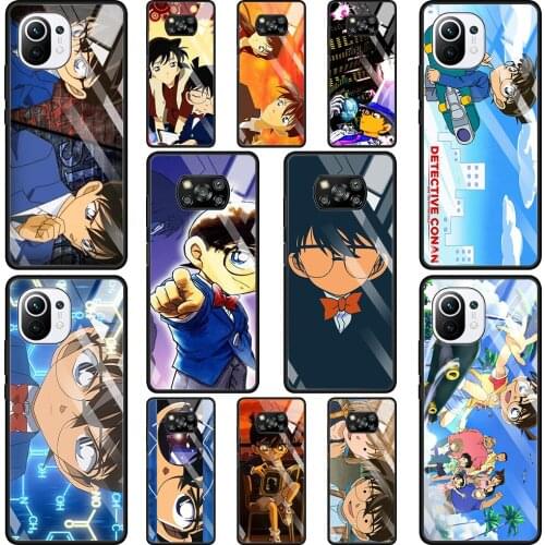 Phone Glass Case For Mi Poco X3 NFC 10T 9T Note 10 11 Pro Lite Ultra 11i F3 Transparent Fitted Fundas Detective Conan