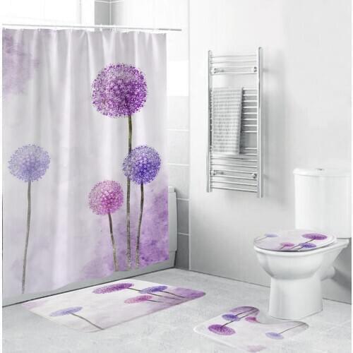 Fabric Shower Curtain Purple Flower Bathroom Curtains Set Anti-skid Rugs Toilet Lid Cover Bath Mat Home Decor