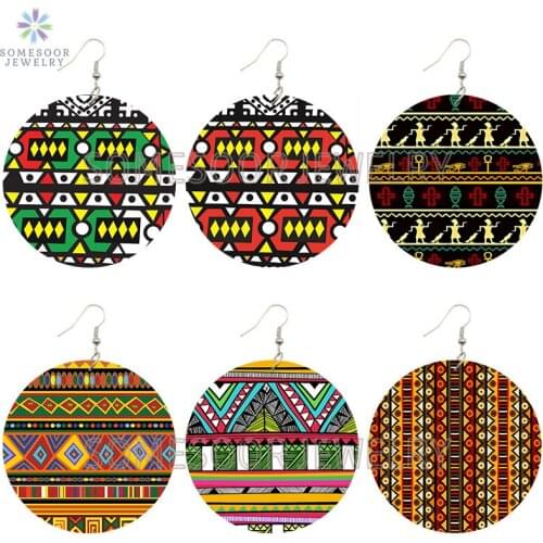 SOMESOOR Afro Headwrap Fabric Design Wooden Drop Earrings African Ethnic Flowers Pattern Both Sides Printed For Women Gifts