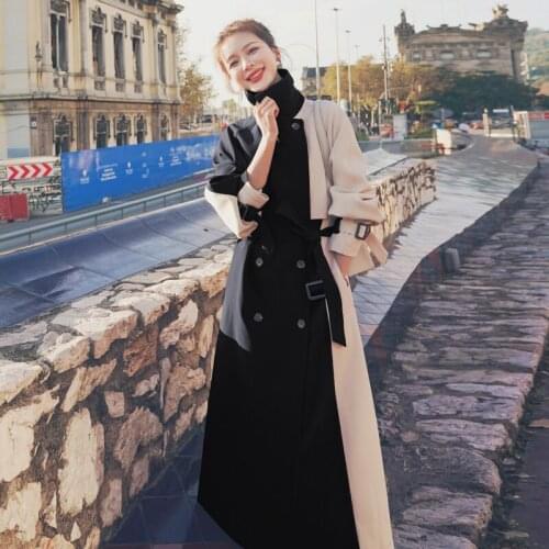 2021 Korean New Spring Autumn Fashion Color Block Trench Coat Women Streetwear Belt Pocket Coat Trench Coat Long Women Outerwear