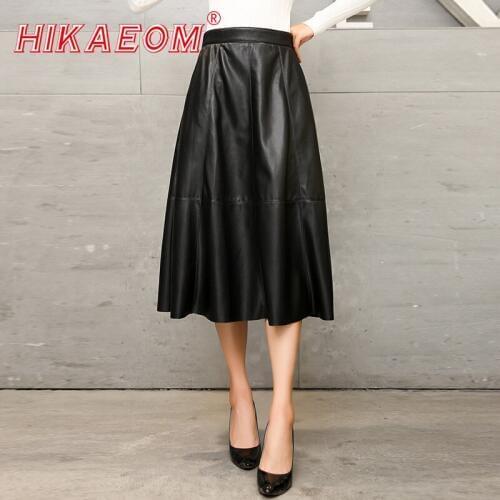 Fashion Pleated PU Leather Skirt Womens Black High Waist Regular Autumn Mid-calf Plus Size Ladies Skirts 2018 New Arrivals