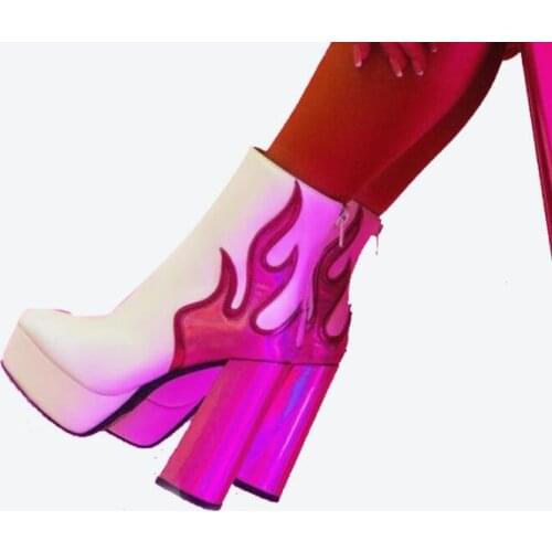 Dipsloot Women Black Red Shiny Flame Patchwork Ankle Boots Platform Round Toe Chunky Heel Short Boots Zip Up Leather Booties