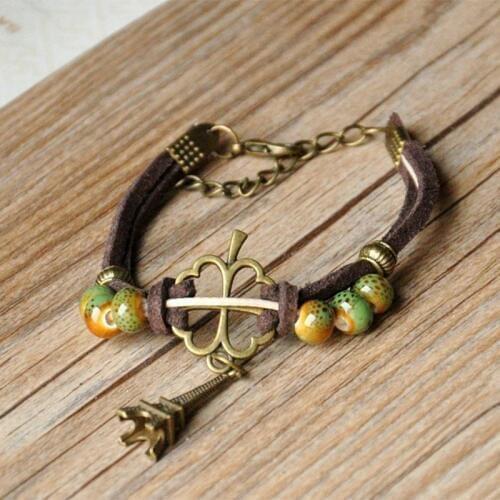 Ceramic Beads Bracelet For Women Vintage Double Leather Hollow Four Leaf Clover Charm Bracelets Jewelry Adjustable Chains Bangle