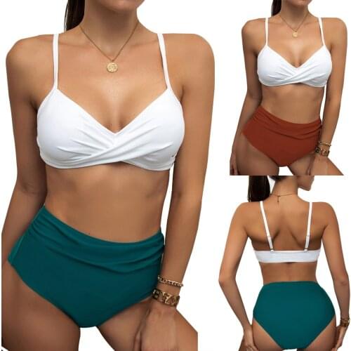 Fashion Women Split Swimsuit Set Solid Color Deep V-neck Backless Bikini + High Waist Panties for Summer