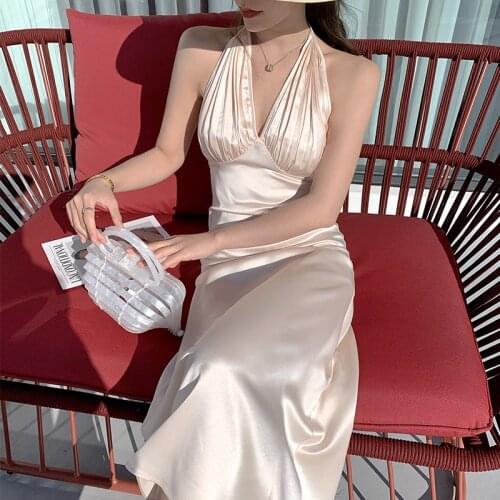 Women Long Apricot Satin Halter Dress Summer 2021 Runway Elegant French Backless Fairy Casual Sea Beach Vacation Party Vestidos