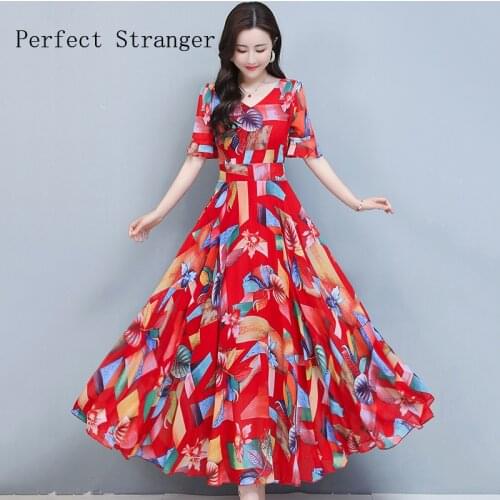2021 Summer New Arrival High Quality V Collar Color Block Short Sleeve Women Dress Long Chiffon Dress