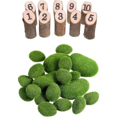 10x Rustic 1-10 Wooden Table Numbers & 20 Pieces 2 Sizes Artificial Moss Rocks Decorative Faux Green Moss Covered Stones