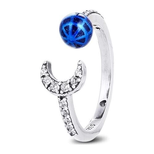 100% Real 925 Sterling Silver Rings for Women Blue Earth and Moon Open Ring S925 Fine Jewelry Wedding Party Gift 2021 New