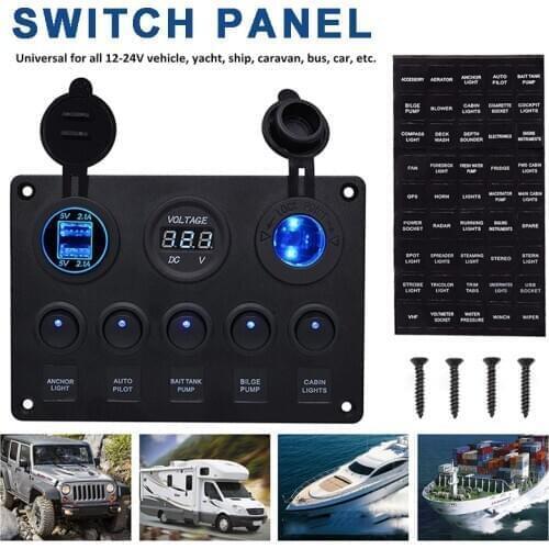12V 5 Gang LED Rocker Switch Panel Car Boat Marine With Voltmeter And Fuse Box Dual USB Slot Socket Digital Voltage Display