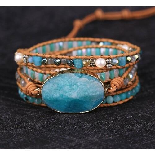 2021 Unique Mixed Natural Stones amazonite Charm yoga energy Wrap Bracelets Handmade Pearl friendship jewelry drop shipping