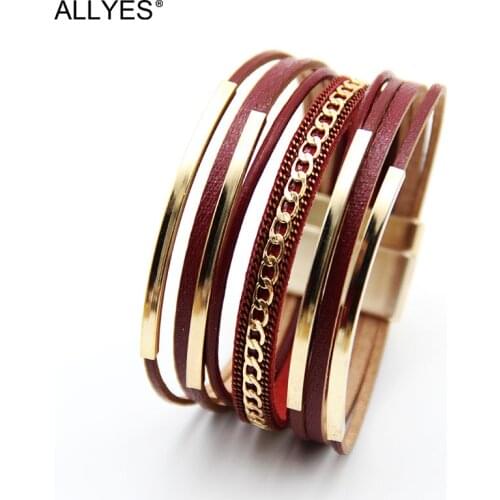 ALLYES Multilayer Metal Chain Copper Tube Leather Bracelet for Women Fashion Bohemian Wrap Bracelet Bangle Female Jewelry Gifts