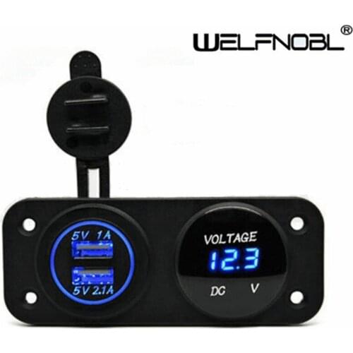 DC 12V - 24V LED Digital Voltmeter Dual USB Outlet Power Socket Panel 2.1A/1A Charger for Car Boat Marine Vehicles Mobile Phone