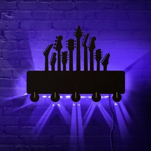 Flat Acoustic And Electric Guitar Necks and Heads Decorative Key Organizer Rack with 5 Hooks Guitarist LED Lighting Home Decor