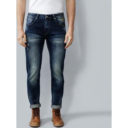 European Vintage Fashion Men Jeans High Quality Retro Dark Blue Slim Fit Ripped Jeans Men Selvedge Designer Redline Denim Pants