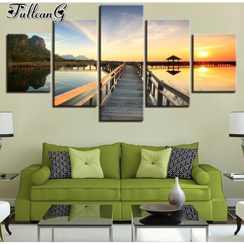 FULLCANG sunset wooden bridge scenery 5 piece diy diamond painting full mosaic cross stitch rhinestone embroidery kits FG0213