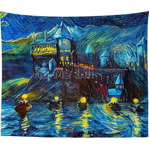 West Lake Art Starry Night Castle Night Boat Tapestry Abstract Art Home Decoration Living Room