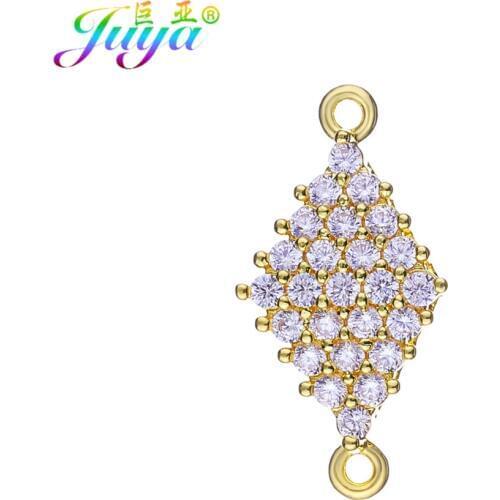 Juya DIY Gold Cubic Zirconia Copper Rhombus Flower Connectors Accessories for Women Handmade Jewelery Making Material