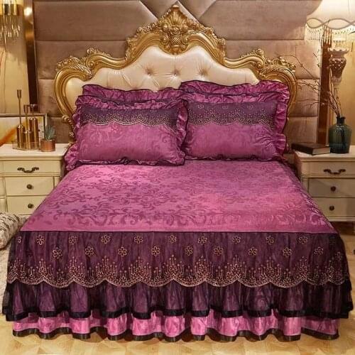 High Grade European Style Velvet Bedding Set 1pc Embossing Bed Skirt 2pcs Pillowcase King Queen Elegant Warm Plush Bedspread