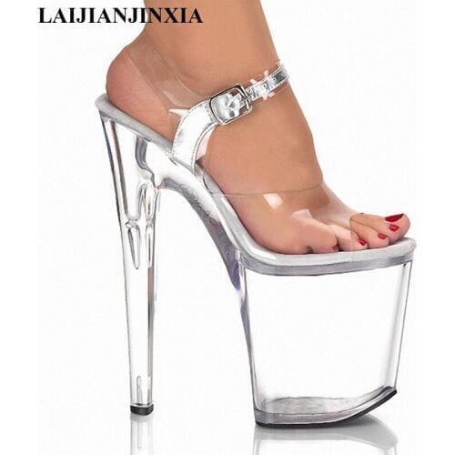 LAIJIANJINXIA 20cm high-heeled shoes transparent crystal sandals 8 inch wedding dress shoes back strap party Dancer shoes