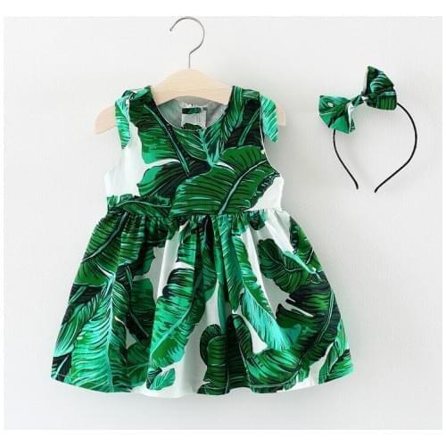 Summer Casual Girls Dresses Kids Toddler Infant Baby Girls Sleeveless Green Leaf Print Dress With Hair Hoop