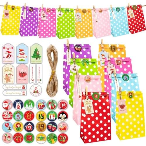 24Sets Colorful Dot Chevron Gift Bags Christmas Party Favor Bag with Advent Calendar Number Sticker DIY Candy Wrapping Supplies