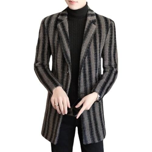 Autumn winter mens suit collar brand striped jacket windbreaker lapel slim mid-length wool coat thick coat woolen windbreaker