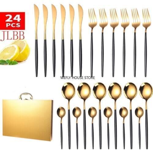 24Pcs/Set Black Gold Cutlery Set Upscale Home Tableware Set 304 Stainless Steel Dinnerware Set Knife Fork Spoon Dinner Service