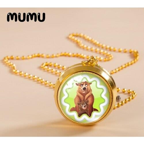 2021 New Brother Bear Pocket Watch Necklace Funny Gold Color Vintage Watch Glass Dome Pendant Jewelry Gifts