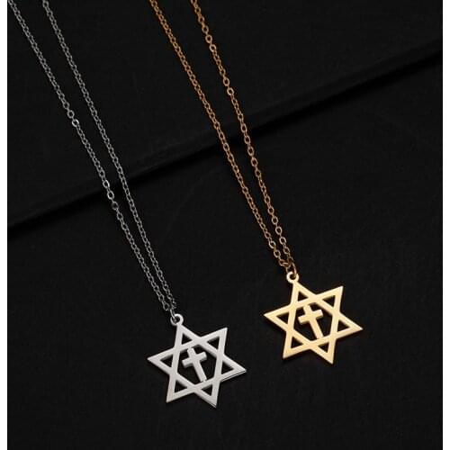 New Fashion Gold Color Star of David Necklace For Women Men Stainless Steel Six Point Star Cross Pendants Religious Jewelry