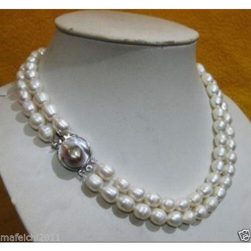 2 ROWS 8-10MM AKOYA WHITE BAROQUE PEARL NECKLACE 17-18"