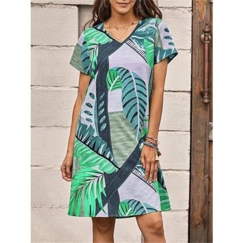 Summer Ladies Sexy V-neck Floral Leaf Print Short-sleeved Pullover Dress Casual Loose Daily Outing Beach Dress For Women HotSale