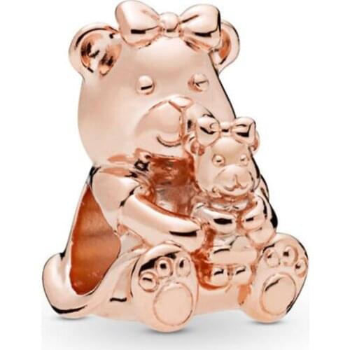 Genuine 925 Sterling Silver Charm Rose Dora Bear With Her Sweet Bow And Adorable Baby Beads Fit Pan Bracelet Diy Jewelry