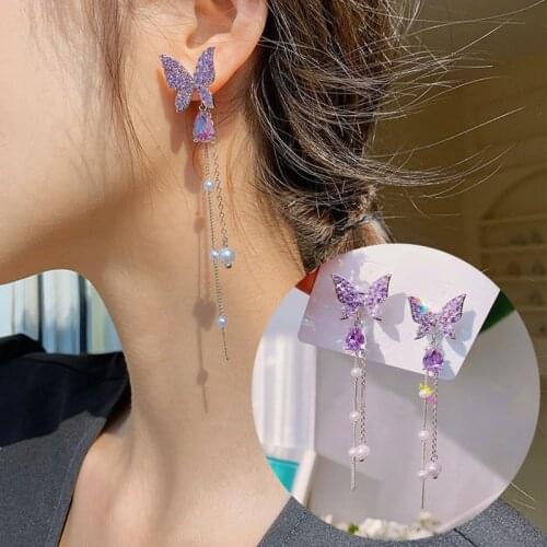 Korean Fashion Purple Butterfly Earrings For Women Girls Purple Rhinestones Korean Dangle Earrings Party Wedding Fashion Jewelry