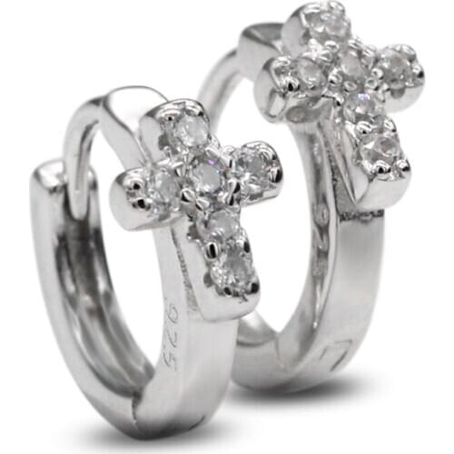 Real 925 Sterling Silver Hopp Earring Cubic Zirconia Round Earrings For Women Geometric Cross Earrings Sterling Silver Fine Gift