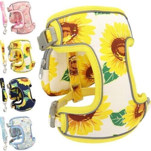 Puppy Dog Harness With Leash Nylon Dogs Cat Vest Harness Pretty Flower Print Snack Bag For Cats Small Medium Dogs