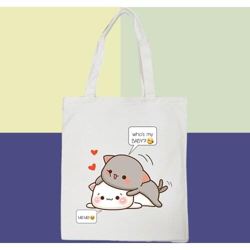 Cute Cartoon Canvas Tote Bag Vintage Reusable Cloth Totes Handbag Shoulder White Harajuku Package Foldable Shopping Bags Ulzzang
