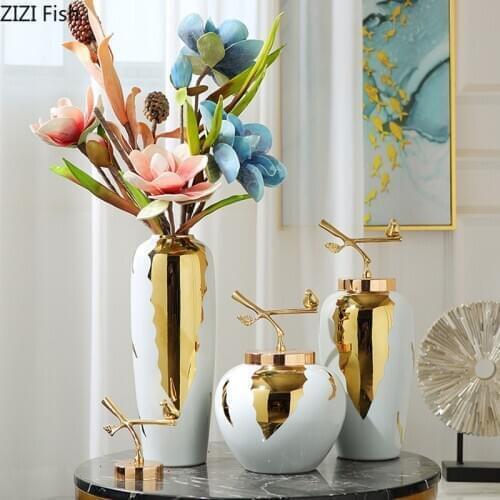Modern Luxury Flower Vase with Lid Living Room Table Decoration Creative Ceramic Gilt Flower Vase Home Decoration Accessories
