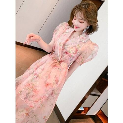 Top Quality Two piece romantic print beaded belt with suspender dress
