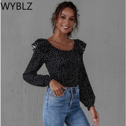 WYBLZ Blouse Women Print Polka Dot Long Sleeved All Match Slim O Neck Tops Fashion New Streetwear Holidays Ruffles Casual Blusas